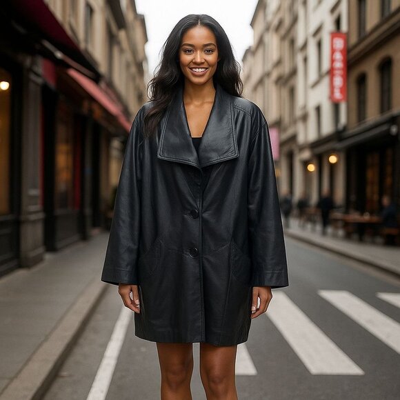 Vintage Black Leather Oversized Jacket Exotic Korea Moto Streetwear Baddie XL - Picture 3 of 16